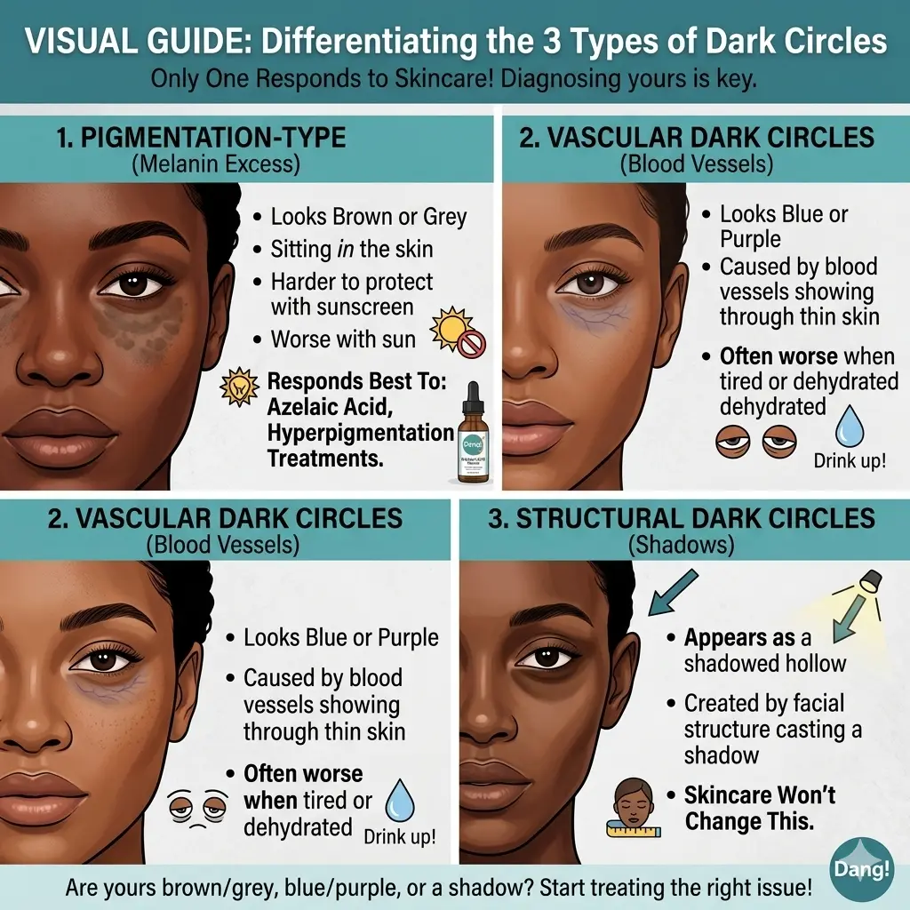 An infographic of the different types of dark circles and the type of treatment that works