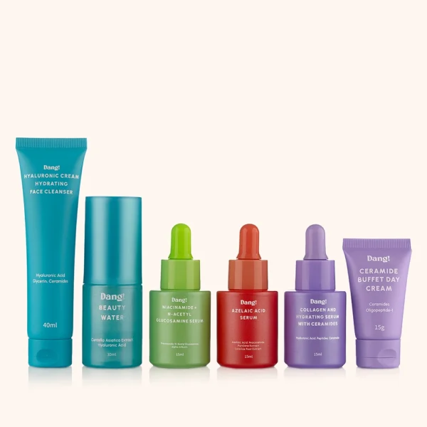 A set of mini skincare products for normal to dry skin lined up in a row