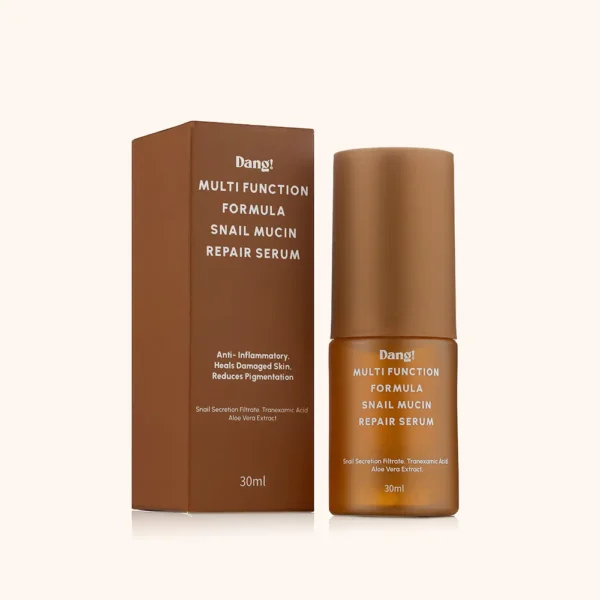 A bottle of snail mucin serum contained inside a brown bottle